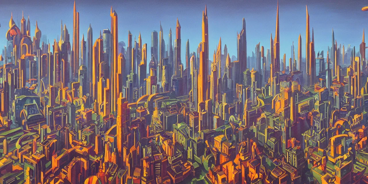 Prompt: Cityscape from an adventure game theme of wizards of science (oil paint on canvas, art deco era)