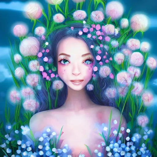 Image similar to a photography of a dreaming woman with flowers grow out of hair, roses peonies forget-me-nots dahlias lupins gladioli, sky theme in background, Digital Art, Trending on artstation