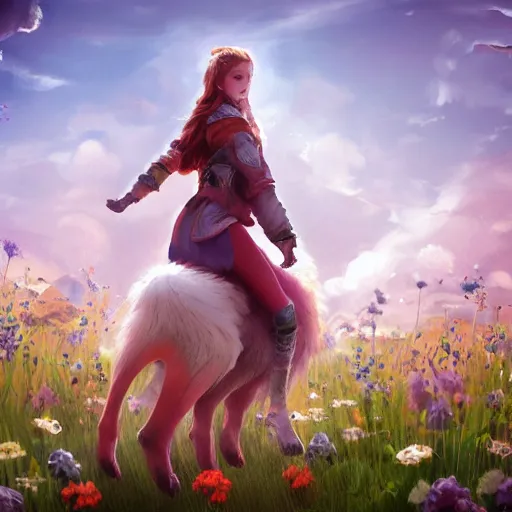 Prompt: girl riding a giant fox in a field of flowers, trending on artstation