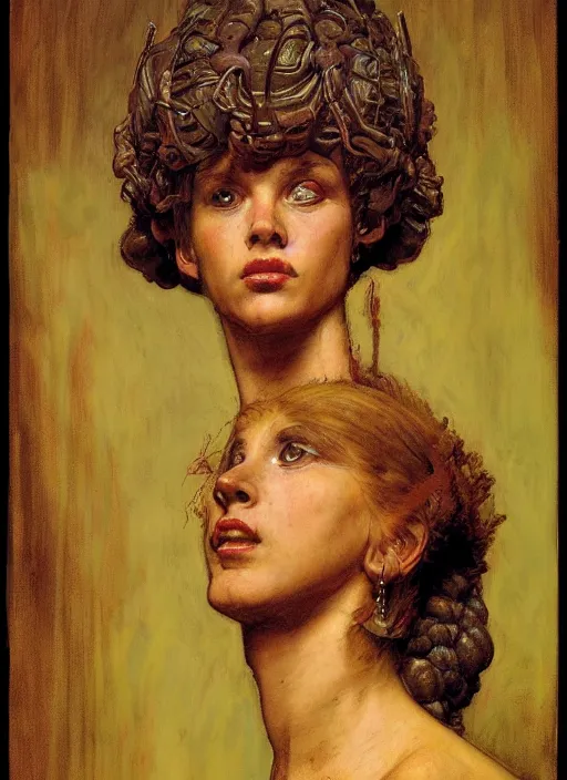 Prompt: upper body and head portrait of a gorgon in victorian living room, by lawrence alma-tadema and zdzislaw beksinski and norman rockwell and jack kirby and tom lovell and greg staples, artstation creature art