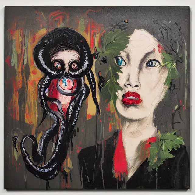 Image similar to a portrait in a dark apartment, a widow holding an octopus, streetlamps, wet, puddles, wild berries, rats, ikebana, neo - expressionism, surrealism, acrylic and spray paint and oilstick on canvas