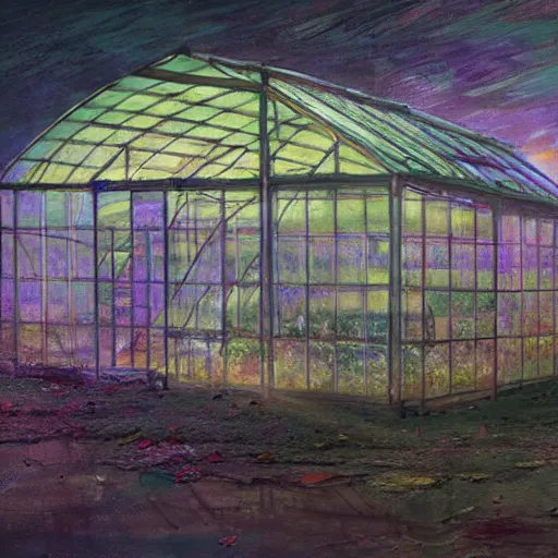 Image similar to concept art of an abandoned greenhouse at night with subtle psychedelic alterations by john howe and henry ossawa tanner, trending on artstation, hyperrealism, highly detailed, art gallery, museum piece