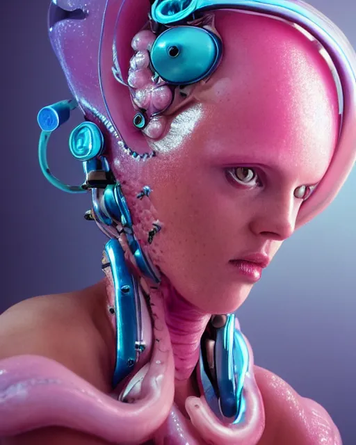 Image similar to natural light, soft focus portrait of a cyberpunk anthropomorphic squid with soft synthetic pink skin, blue bioluminescent plastics, smooth shiny metal, elaborate ornate head piece, piercings, skin textures, by annie leibovitz, paul lehr