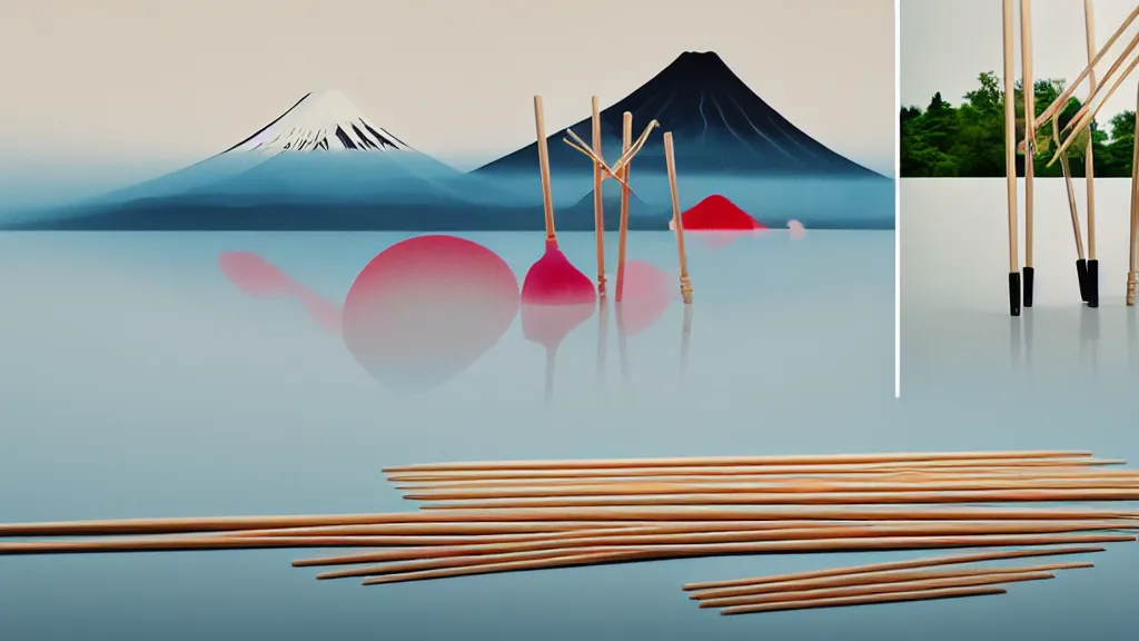 Image similar to a variety of handmade wooden chopsticks, avant - garde design, at the edge of yamanaka lake reflecting mount fuji overcast sky, a collage painting, in the style of wes anderson, lola dupre, david hockney, isolated on negative white space background dark monochrome neon spraypaint accents volumetric octane render