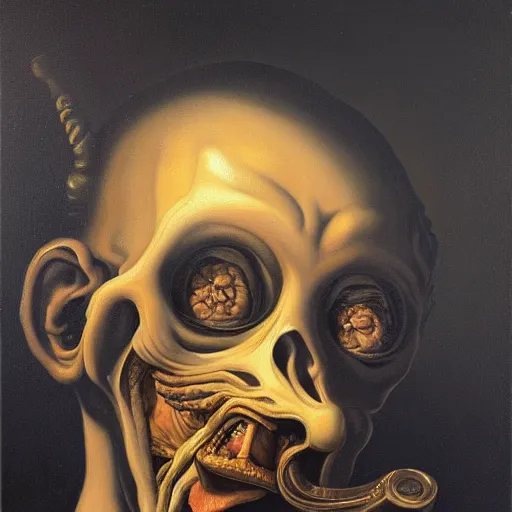 Image similar to oil painting with black background by christian rex van dali todd schorr of a chiaroscuro portrait of an extremely bizarre disturbing mutated man with acne intense chiaroscuro obscuring features lighting perfect composition masterpiece