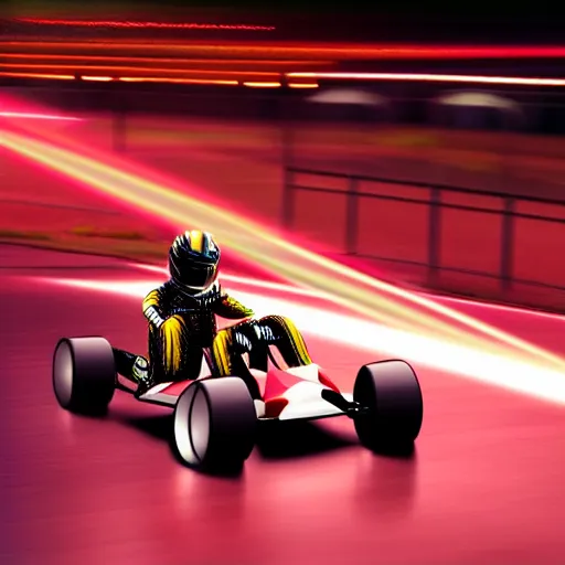 Image similar to go - kart racer taking a corner at speed on a race track, motion blur, laser, smoke, debris, fast movement, artistic angle, light streaks, dark mood, night time