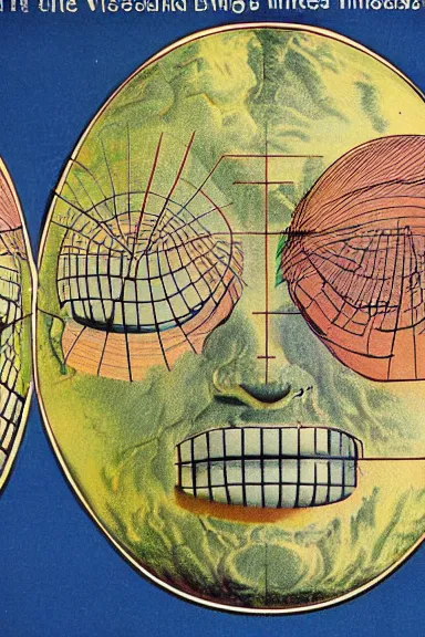 Image similar to A vintage scientific illustration from the 1970s of the Earth as a human face