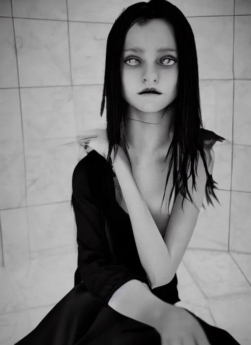 Prompt: a 1 4 year old girl eveline from resident evil 7 with straight long black hair wearing black dress that sitting on bathroom floor, photo for vogue, model エリサヘス s from acquamodels, render in re engine