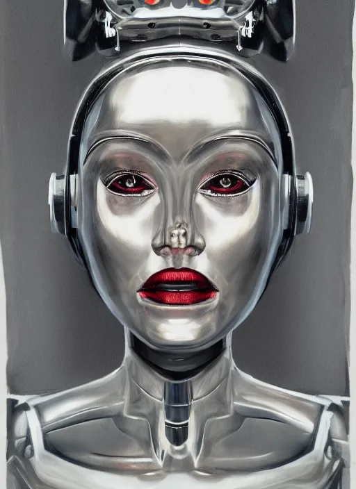 Image similar to portrait of robot queen with chrome skin and sodium dome car headlights for eyes