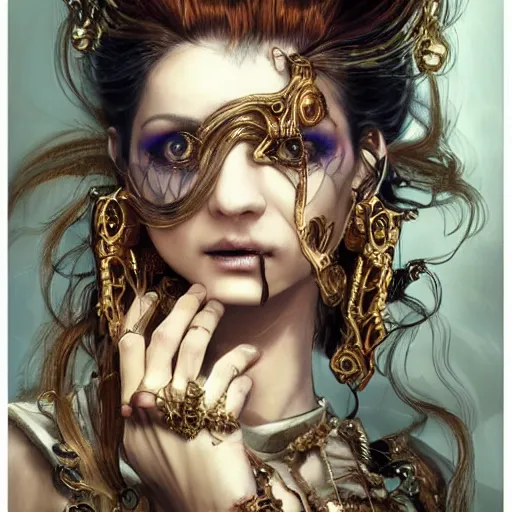 Image similar to portrait, headshot, insanely nice professional hair style, dramatic hair color, digital painting, of a old 17th century, Greek Goddess, old cyborg merchant, amber jewels, baroque, ornate clothing, scifi, realistic, hyperdetailed, chiaroscuro, concept art, art by Franz Hals and Jon Foster and Ayami Kojima and Amano and Karol Bak,