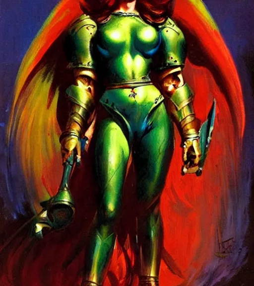 Image similar to portrait of strong iranian female chaos angel, beautiful! coherent! by frank frazetta, by brom, strong line, vivid neon color, shining metal power armor, iron helm, high contrast, maximalist