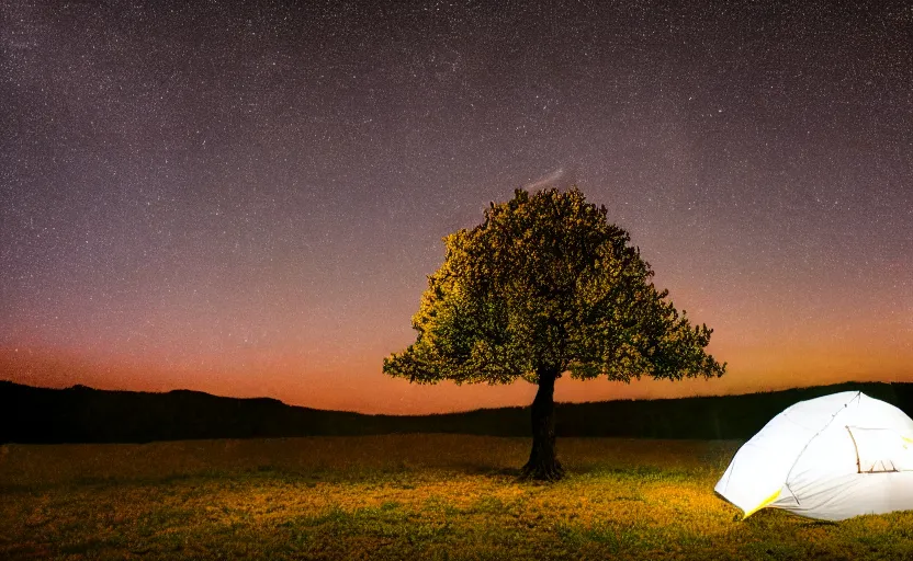 Prompt: photography of many stars at night with a tree in foreground and a tent, highly detailed, photorealistic