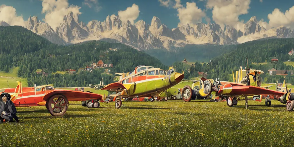 Image similar to a ultra photorealistic and sharp film still of an a sunny and colourful airfield in 1 9 1 6 in the middle of the bavarian alps, germany. wide shot, frog perspective, wes anderson, studio ghibli, pixar and disney animation, octane render, anime key art by greg rutkowski, dramatic lighting, award winning photography