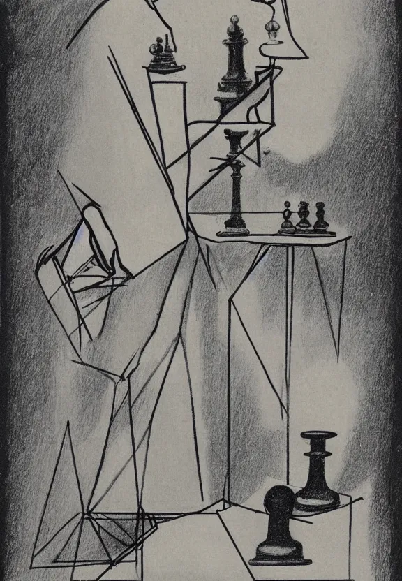 Image similar to a concept drawing of marcel duchamp holding up a chess - piece wire - machine, a surrealist painting by marcel duchamp, complex artificial - intelligence machinery, minimal sketch flow - chart, academic art, 1 9 2 0 s