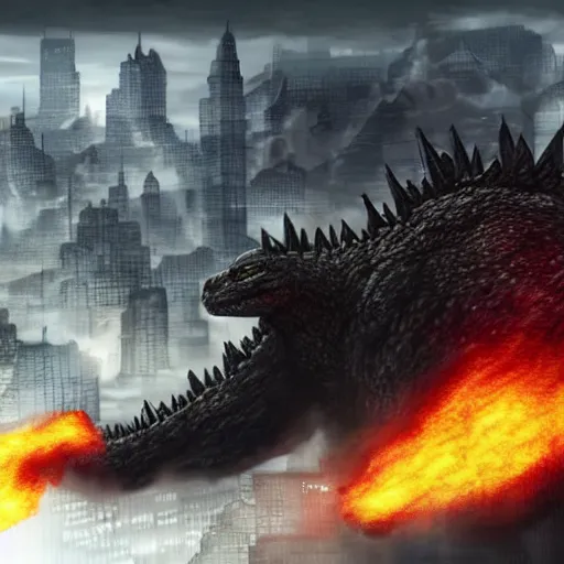 Prompt: godzilla destroying a city, concept art, artstation, very detailed