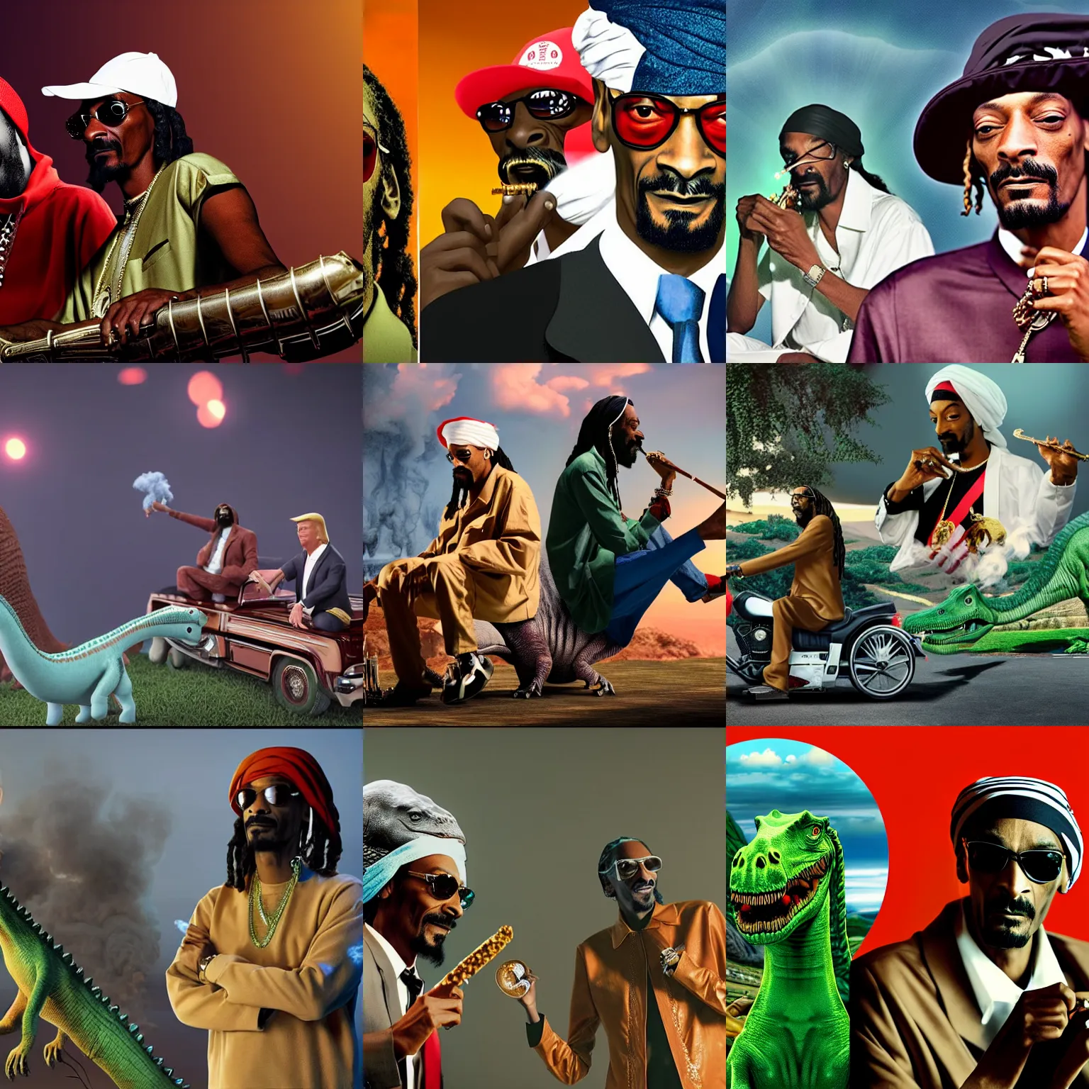 Prompt: snoop dogg and donald trump, they are smoking a joint while riding on the back of a dinosaur while osama bin laden is chasing them while playing the banjo, rendered in octane