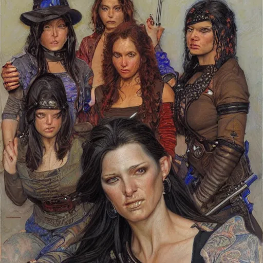 Image similar to portrait of an outlaw female gang, by donato giancola.