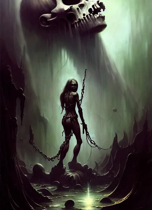 Image similar to shackled in styx river of the underworld, frank frank frazetta and cgsociety, stunning sasquatch, blood splatters, charlie bowater and tom bagshaw, insanely detailed, deviantart, space art, atoms surrounded by skulls, death, and spirits deep water, horror, sci - fi, surrealist painting, by peter mohrbacher