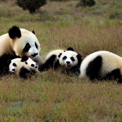 Prompt: a herd of hundreds of panda bears in the african savannah.