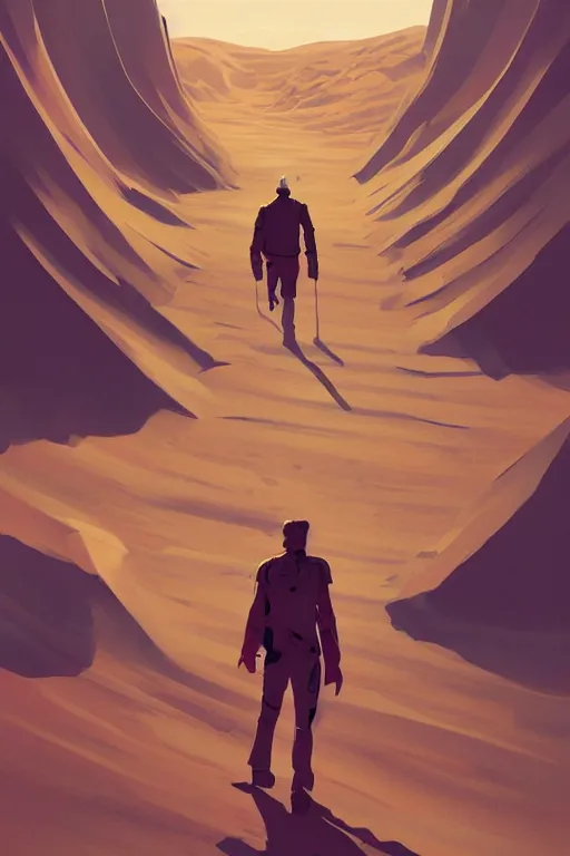 Image similar to painting of a man walking across a desert, poster art by james gilleard, cgsociety, fantasy art, poster art, concept art, angular