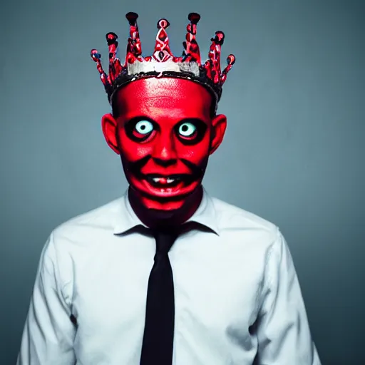 Prompt: man with a crown, smirk, photograph, black backgrounds, glowing red eyes, dark, horror