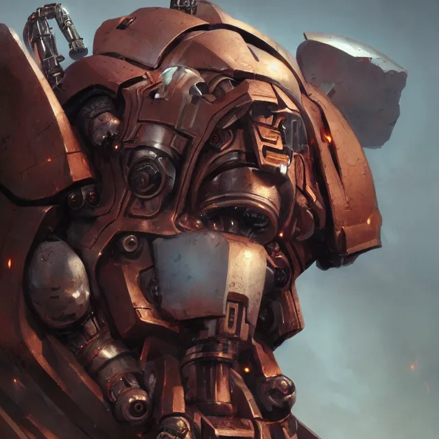 Image similar to hyper realistic bust of warhammer robot cinematic, artstation, cgsociety, greg rutkowski, james gurney, mignola, craig mullins, brom