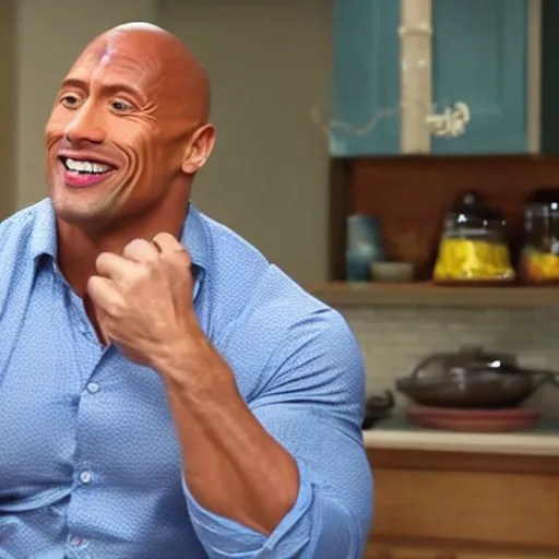 Image similar to dwayne johnson wearing a bowl cut wig still shot from cooking show 4k