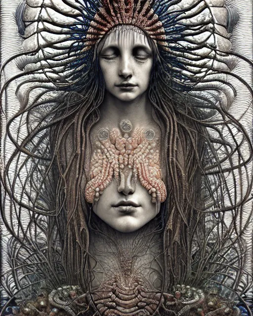 Image similar to realistic detailed underwater portrait of the beutiful young goddess of the fish of the three times with an intricate headdress of corals, sea kelp, sea plants, fish, jellyfish, art by ernst haeckel, zdzisław beksinski, h. r. giger, gothic, neo - gothic, ornamental,