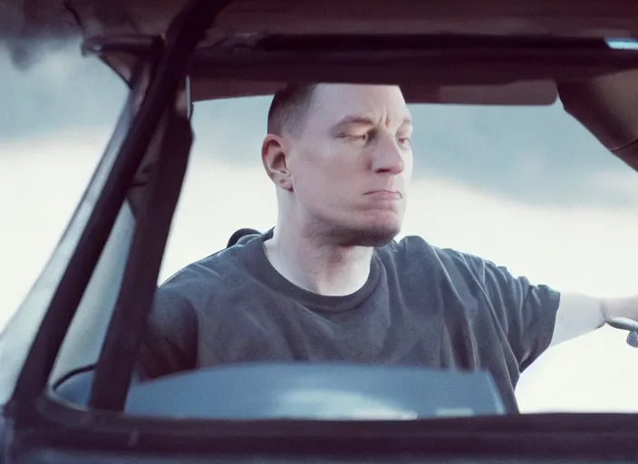 Image similar to a very high resolution image from a new movie, eminem driving a car. inside of a car. alone. mountains, directed by wes anderson