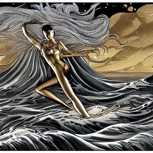 Image similar to gold and silver tones, alluring siren in the sea attracting a boat of sailors, style of moebius, james jean, rutkowski, mcbess, cinematic, high detail, award winning, 8 k photorealistic