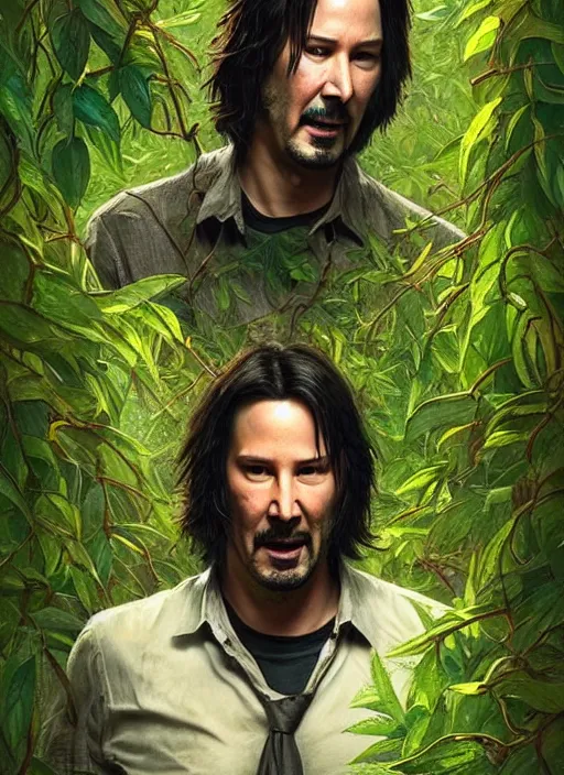 Image similar to highly detailed comedy caper movie poster with silly wacky zany keanu reeves hiding in leaves, keanu reeves face inside a leafy bush by greg rutkowski, masterpiece, really funny, 1 0 / 1 0 comedy