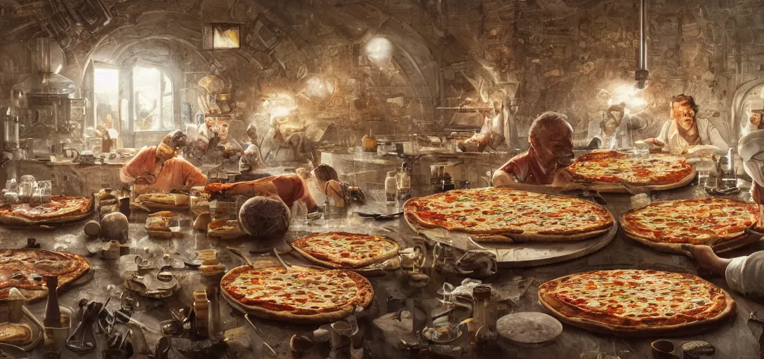 Prompt: the discovery of pizza, scientific, tools, happy chef, intricate, hyper detailed, 8k, james gurney, greg rutkowski, john howe, artstation