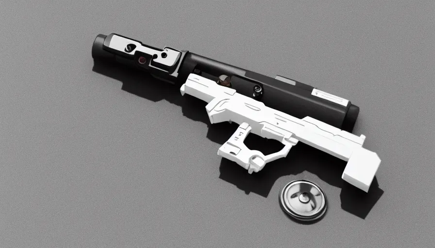 Image similar to extremely detailed ultra realistic photographic side view minimalist magnum pistol coilgun, detailed trigger, chemically propelled, battery, smooth streamline, battery and wires, railgun, chemrail, gauss, elegant sleek smooth body, white paint, smooth utopian design, ultra high quality, octane, artstation, destiny, warframe, terminator