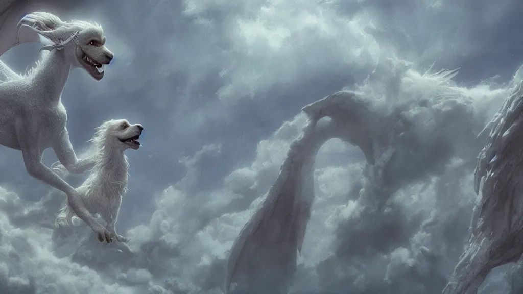 Image similar to falcor the long - bodied luck dragon flying through the nothing. the neverending story movie. rutkowski. melancholy undertones. deviantart. artstation. 3 8 4 0. 2 1 6 0.