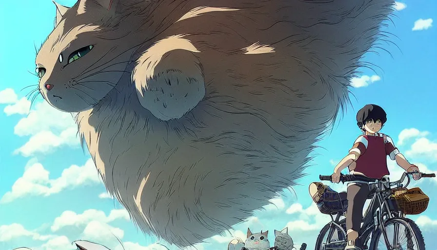 Image similar to the last fat catrider, comedy, graphic art, rgba, 8 k hd resolution, pinterest, dynamic character, 8 k character details, concept art, 8 k ultra realistic, intricate details, ultra detailed, reduce character duplication, in style of hayao miyazaki, by studio ghibli