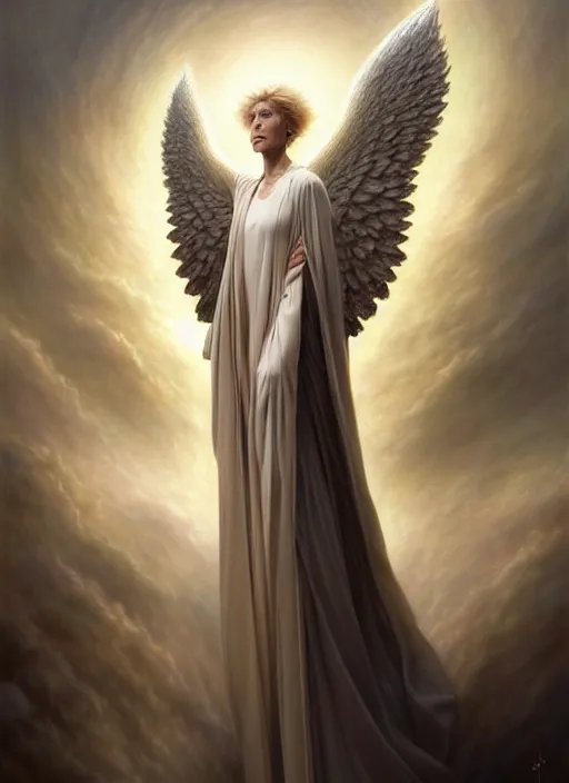 Image similar to emma thompson as an angel with cloak, aesthetic, fine art, intricate, elegant, highly detailed, realistic hair, centered, digital painting, art station, conceptual art, soft, sharp focus, illustration, artwork, artgerm, tomasz alen kopera, peter mohrbacher, donato giancola, wlop, boris vallejo