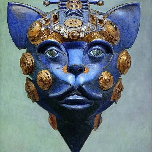 Prompt: masterpiece sculpture of an ornate bejeweled robot cat head, by annie swynnerton and diego rivera and nicholas roerich and jean delville, symbolist, dramatic lighting, god rays, elaborate geometric ornament, art brut, rich colors, smooth, sharp focus, extremely detailed, adolf wolfli and ( donato giancola )