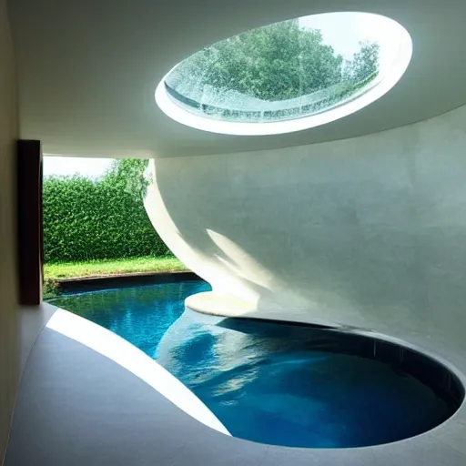 Prompt: curvilinear futuristic bathroom With swimming pool.