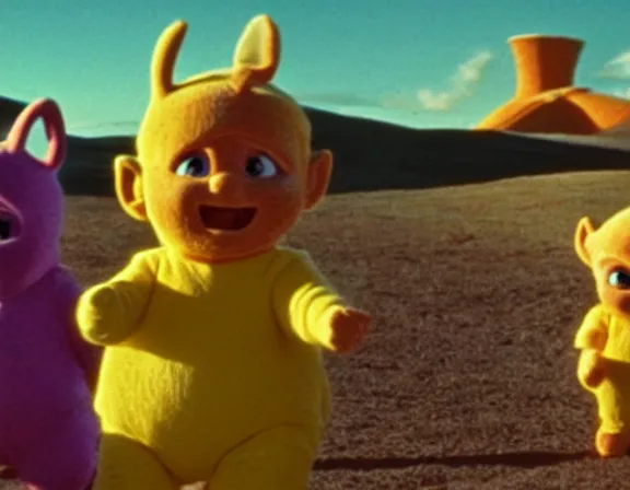 Prompt: teletubbies in mad max, film still, screenshot, desert, cinematic