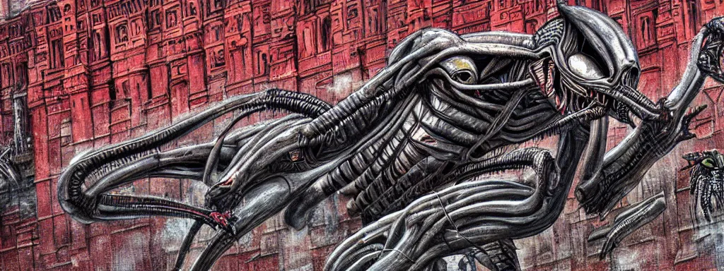 Prompt: alien predator on moscow red square. extreme long shot. post-apocalyptic art. high detail