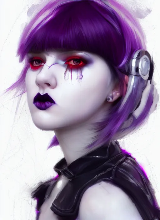 Image similar to portrait of white teenage girl, normal face, white bangs, mall goth, cyberlox, black and white hair, bangs, fluffy bangs, red contact lenses, purple lipstick, intricate, elegant, highly detailed, digital painting, artstation, concept art, sharp focus, smooth, illustration, art by wlop, mars ravelo and greg rutkowski