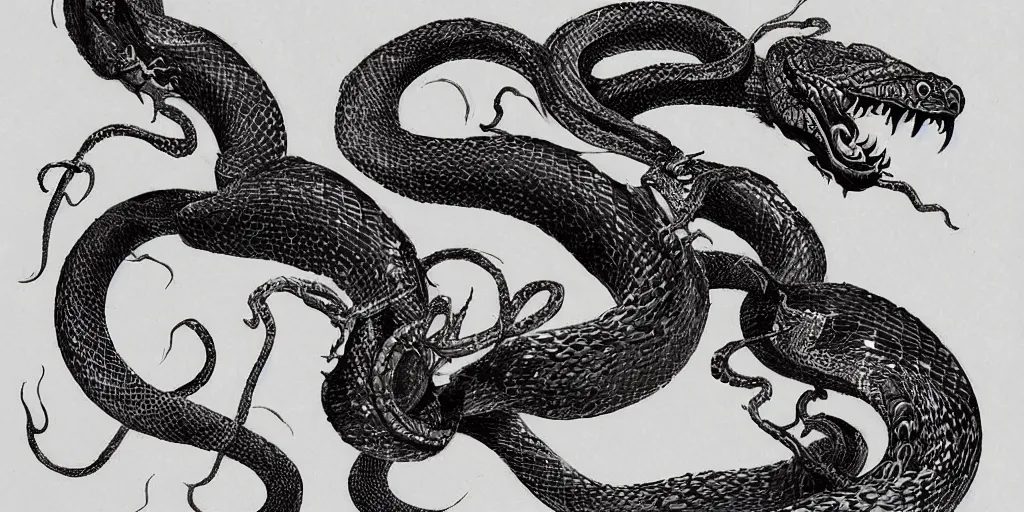 Image similar to a brilliant epic ink sketch of a chinese snake by roger dean in the style of baroque art, very, very aesthetic