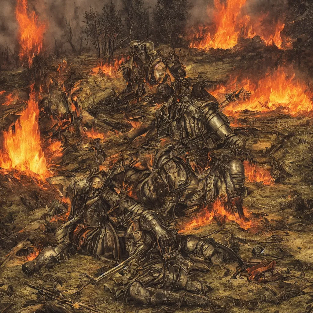 Prompt: dark gritty medieval battle aftermath, a mercenary sitting beside a pile of dead enemies, a forest on fire in the background, highly detailed illustration