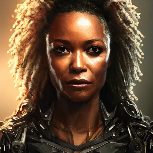 Image similar to thandiwe newton portrait, dystopia core, apocalyptic, armor, warrior, dramatic, sharp focus, fiction, neon, fantasy, hyper detailed, digital art, trending in artstation, cinematic lighting, studio quality, smooth render, unreal engine 5 rendered, octane rendered, art style and nixeu and wlop and krenz cushart