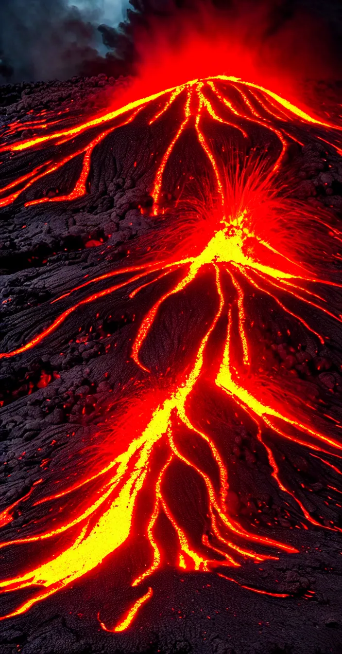 Image similar to realistic photo of volcanic lava eruption at too many locations, wide angle shot, very sharp focus, dark background, very hyper realistic, highly detailed, fantasy art station