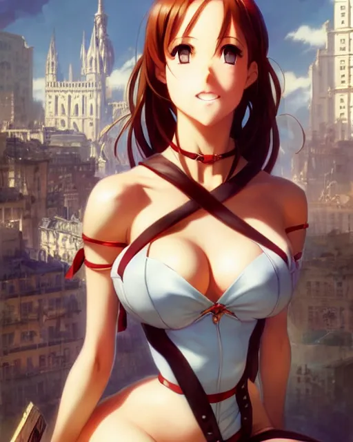 Image similar to pinup photo of asuna in the crowded square of the city, asuna by a - 1 pictures, by by greg rutkowski, artgerm, gil elvgren, enoch bolles, glossy skin, pearlescent, anime, very coherent, sao style