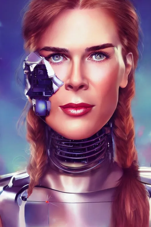 Image similar to mix of beautiful young maria shriver, mariel hemmingway, brooke shields, nicole kidman and elle macpherson as a cyborg terminator, thin lips, hair tied up in a pony tail, dark blonde hair, colorful, artstation, cgsociety