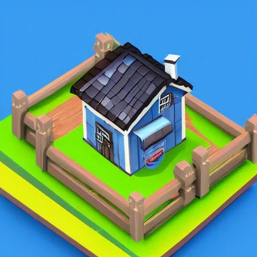 Image similar to small cute mobile game house, 1 0 0 mm, isometric, diorama, blue background,