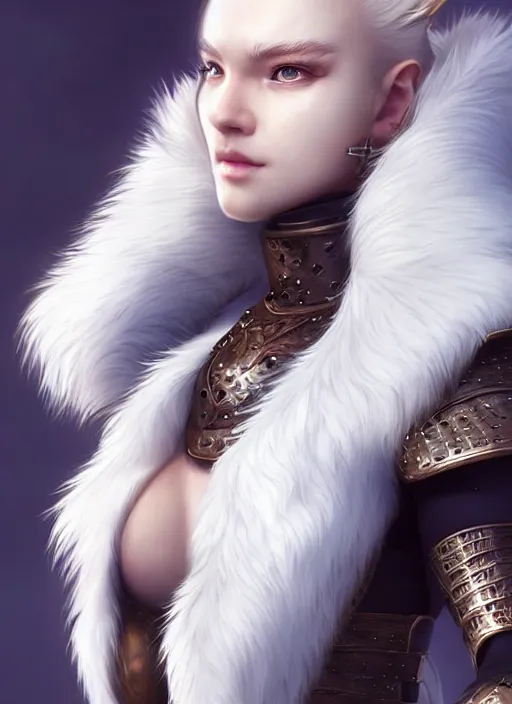 Image similar to warrior, fur - lined wolf armor!!! beautiful and elegant white hair female!! gorgeous ayes!! character concept art, sharp focus, octane render! unreal engine 5! highly rendered!! trending on artstation!! detailed linework!! illustration by artgerm, wlop, and chie yoshii