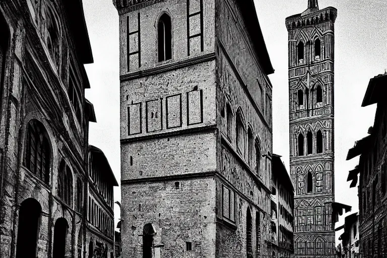 Prompt: florence old street in 1 6 th century with a tower in background, line art, black and white, dramatic lighting, cinematic composition, concept art, detailed textures